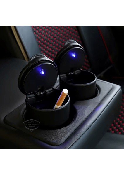 Üniversal Mavi LED Işıklı Spor Oto Küllük Kapaklı Bardaklıklı Araç Içi Küllük Araba Küllüğü Siyah