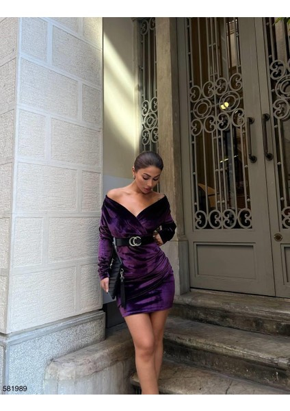Kadife Esnek Kumaş Ön Pile Detaylı Kemerli Abiye Elbise 581989 Mor fiyatları