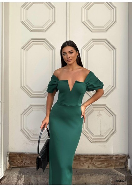 Esnek Scuba Kumaş Straplez Kol Pile Detaylı Abiye Elbise Zümrüt 583323 fiyatları