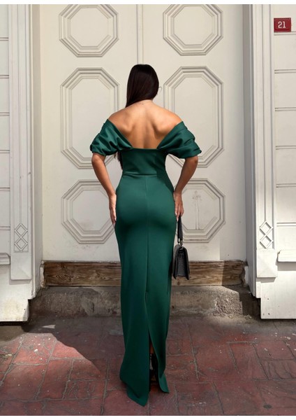 Esnek Scuba Kumaş Straplez Kol Pile Detaylı Abiye Elbise Zümrüt 583323 modelleri