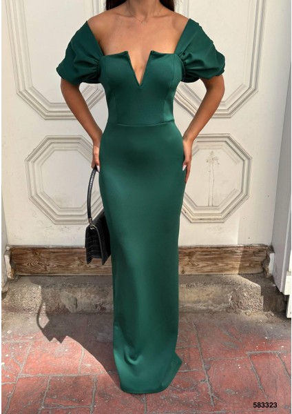 Esnek Scuba Kumaş Straplez Kol Pile Detaylı Abiye Elbise Zümrüt 583323 fırsatları