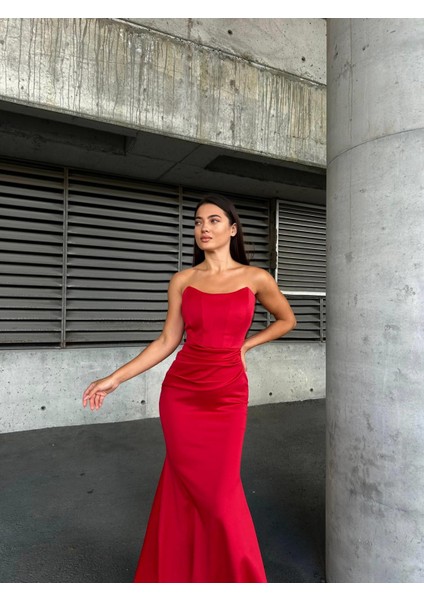 Scuba Straplez Uzun Elbise Kırmızı 583301