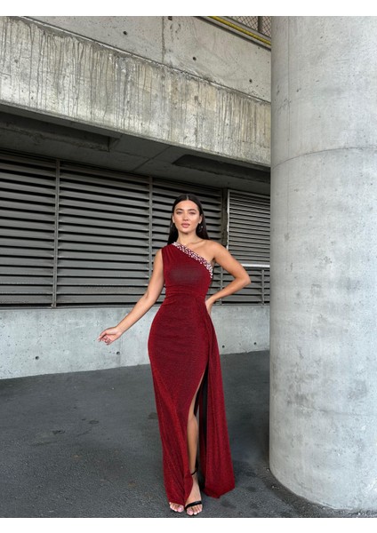 Flowers Inci Detaylı Tek Omuz Abiye Elbise 583313 Kırmızı