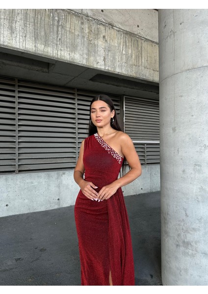 Flowers Inci Detaylı Tek Omuz Abiye Elbise 583313 Kırmızı fiyatları