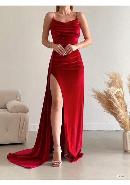 Kadife Esnek Kumaş Drape Öne Pile Detaylı Askılı Abiye Elbise Kırmızı 582334