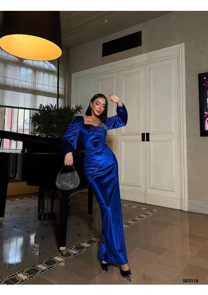 Tek Göğüs Taşlı Simli Kadife Abiye Elbise Saks 583116