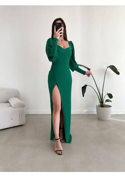 Balon Kol Yırtmaç Detay Krep Esnek Kumaş Uzun Abiye Elbise Zümrüt 581913
