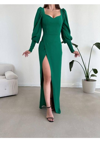Balon Kol Yırtmaç Detay Krep Esnek Kumaş Uzun Abiye Elbise Zümrüt 581913 fiyatları