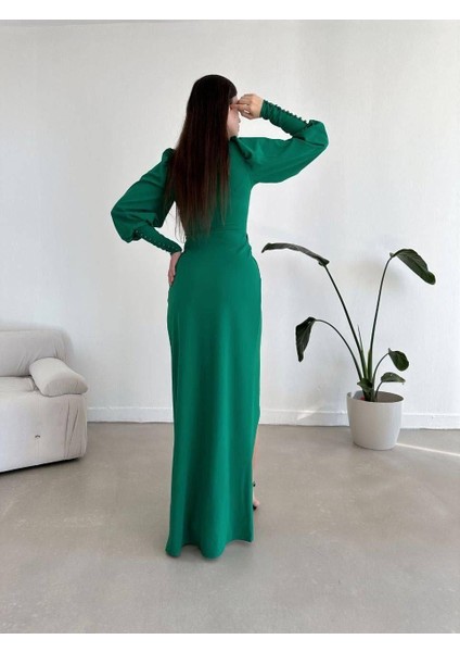 Balon Kol Yırtmaç Detay Krep Esnek Kumaş Uzun Abiye Elbise Zümrüt 581913 modelleri
