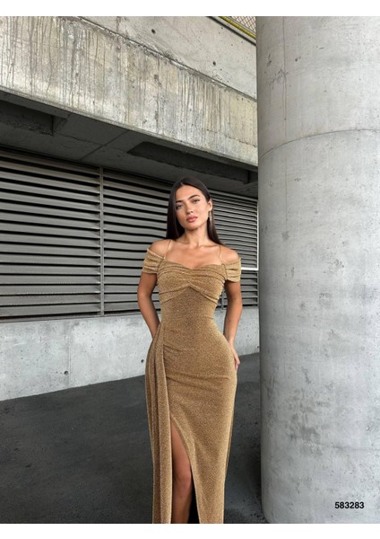 Flowers Esnek Kumaş Askılı Pile Detaylı Yırtmaçlı Abiye Elbise 583283 Gold fiyatları