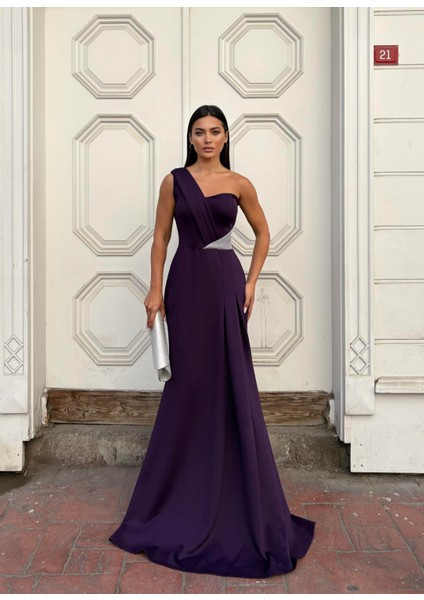 Esnek Scuba Kumaş Ön Taş Detaylı Abiye Elbise 583324 Mor