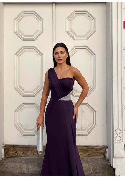 Esnek Scuba Kumaş Ön Taş Detaylı Abiye Elbise 583324 Mor fiyatları