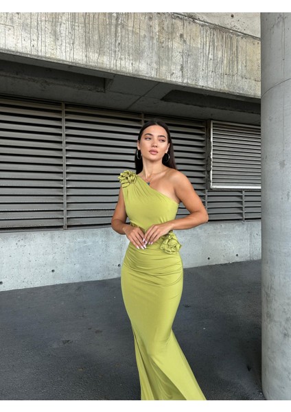 Sandy Tüllü Çiçek Detaylı Uzun Abiye Elbise 583171 Fıstık Yeşil