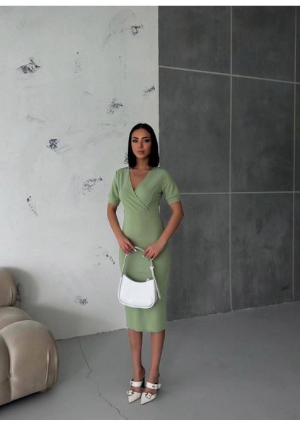 Kruvaze Yaka Kısa Kol Kalem Elbise Mint 582868