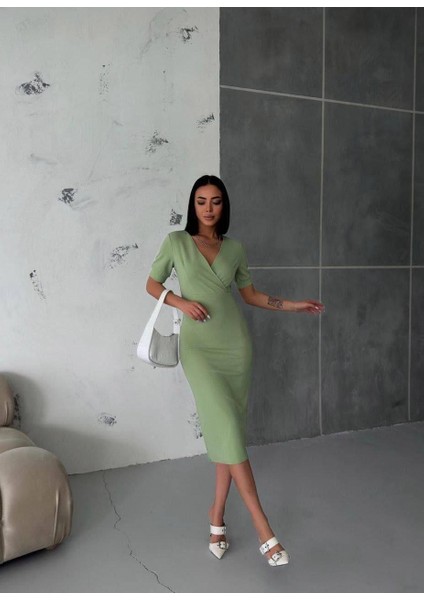 Kruvaze Yaka Kısa Kol Kalem Elbise Mint 582868 fiyatları