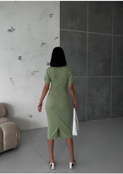 Kruvaze Yaka Kısa Kol Kalem Elbise Mint 582868 fırsatları