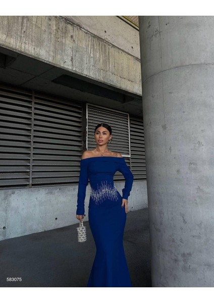 Krep Taşlı Uzun Degaje Yaka Saks Elbise 583075 fiyatları