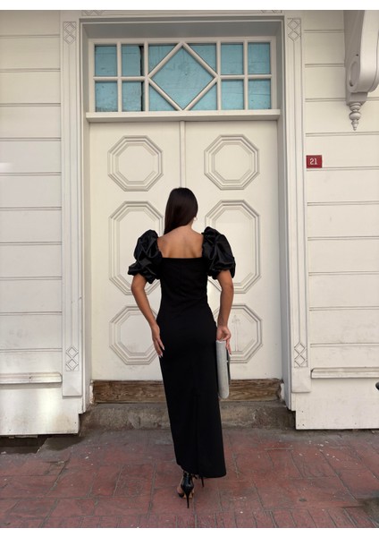 Kare Yaka Maxi Boy Taş Detaylı Siyah Elbise 583299 fiyatları