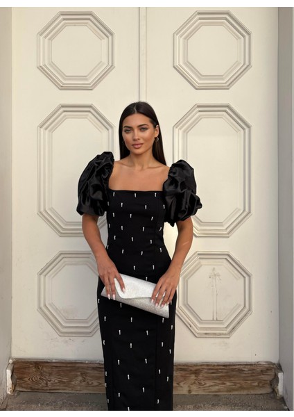 Kare Yaka Maxi Boy Taş Detaylı Siyah Elbise 583299 modelleri