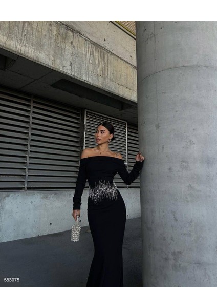 Krep Taşlı Uzun Degaje Yaka Siyah Elbise 583075 fiyatları