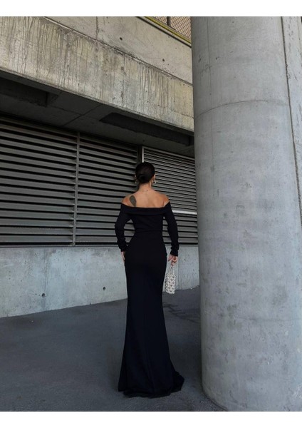 Krep Taşlı Uzun Degaje Yaka Siyah Elbise 583075 modelleri