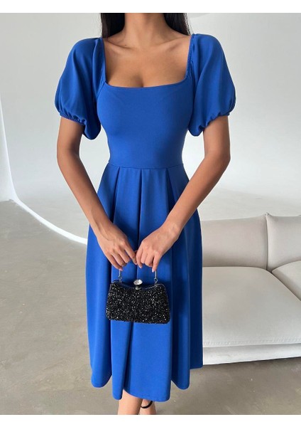 Kare Yaka Balon Kol Kloş Elbise Saks 582613 modelleri