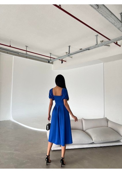 Kare Yaka Balon Kol Kloş Elbise Saks 582613 fırsatları