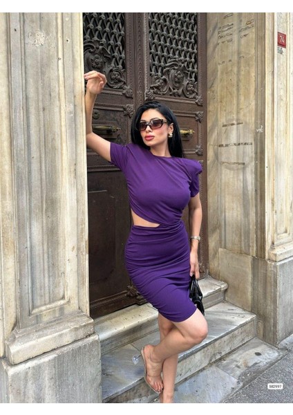 Bel Dekolteli Büzgülü Kısa Kollu Elbise 582997 Mor
