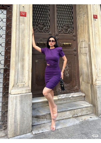 Bel Dekolteli Büzgülü Kısa Kollu Elbise 582997 Mor fiyatları