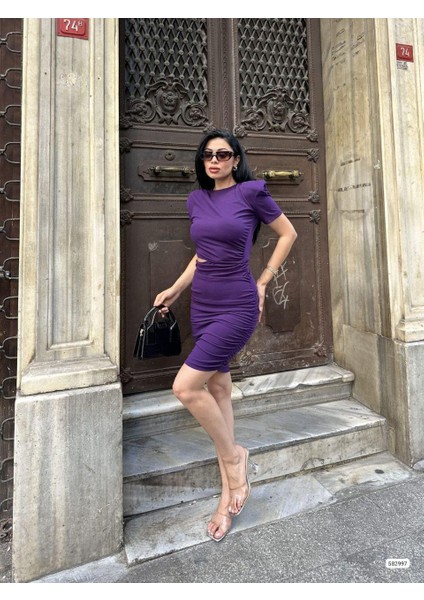 Bel Dekolteli Büzgülü Kısa Kollu Elbise 582997 Mor modelleri
