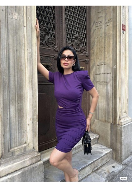 Bel Dekolteli Büzgülü Kısa Kollu Elbise 582997 Mor fırsatları