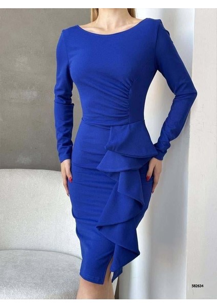 Bisiklet Yaka Uzun Kol Volan Detay Ithal Krep Kumaş Elbise 582634 Saks