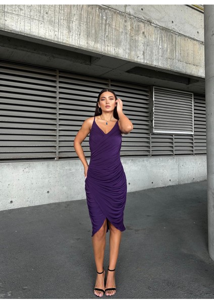 Esnek Sandy Kumaş Büzgü Detaylı Abiye Elbise 583278 Mor