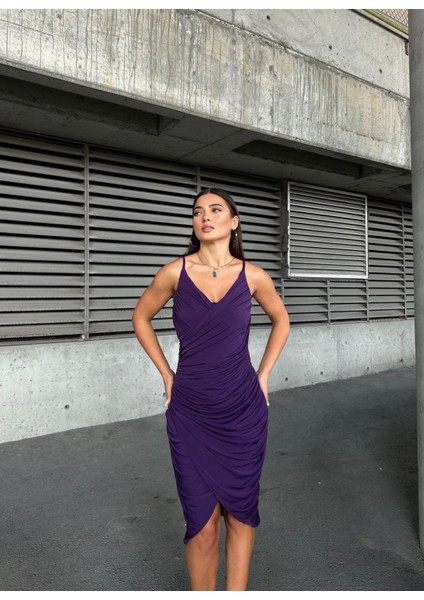 Esnek Sandy Kumaş Büzgü Detaylı Abiye Elbise 583278 Mor fiyatları