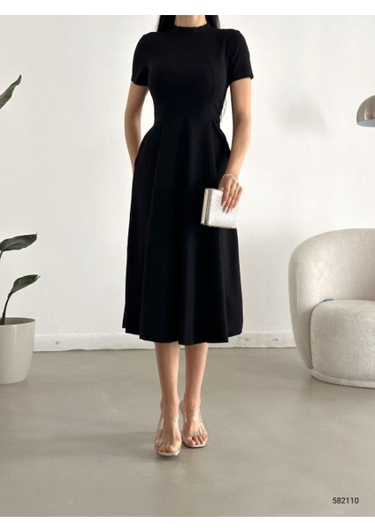 Kısa Kollu Cepli Uzun Krep Kumaş Elbise Siyah 582110