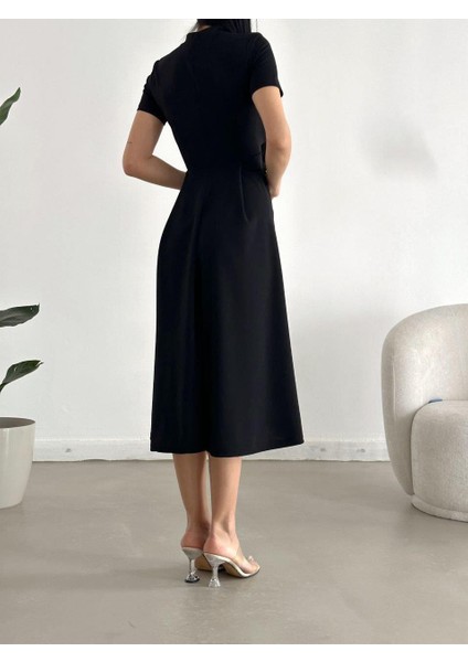 Kısa Kollu Cepli Uzun Krep Kumaş Elbise Siyah 582110 modelleri