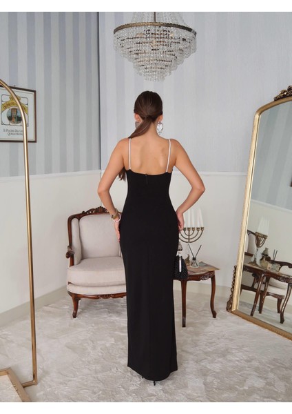 Krep Esnek Kumaş Taş Askılı Pile Detaylı Yırtmaçlı Abiye Elbise 583311 Siyah indirimleri