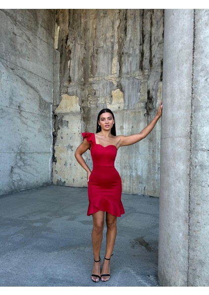 Tek Kol Eteği Fırfırlı Scuba Elbise 581785 Kırmızı