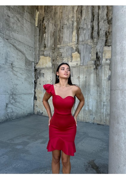 Tek Kol Eteği Fırfırlı Scuba Elbise 581785 Kırmızı fiyatları