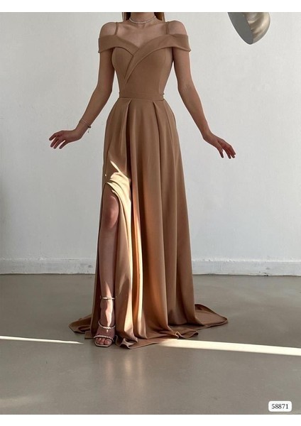 Düşük Askı Yırtmaçlı Uzun Abiye Elbise Vizon 58871