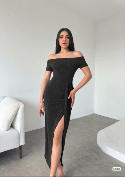 Madonna Yaka Yırtmaçlı Simli Abiye Elbise Siyah 582864