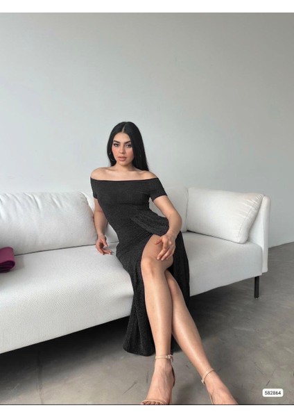 Madonna Yaka Yırtmaçlı Simli Abiye Elbise Siyah 582864 fiyatları