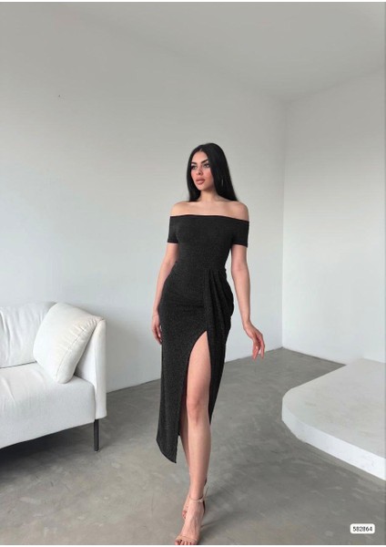 Madonna Yaka Yırtmaçlı Simli Abiye Elbise Siyah 582864 modelleri