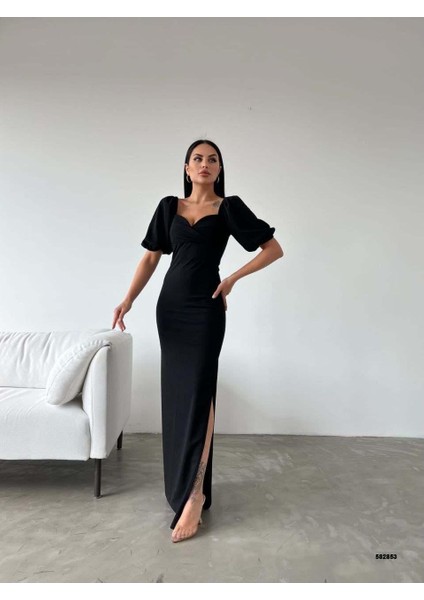 Krep Kumaş Kruvaze Yaka Balon Kol Yırtmaç Detaylı Maxi Elbise Siyah 582853