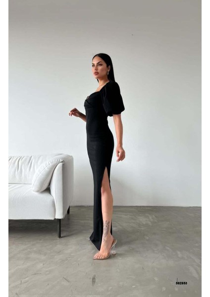 Krep Kumaş Kruvaze Yaka Balon Kol Yırtmaç Detaylı Maxi Elbise Siyah 582853 modelleri