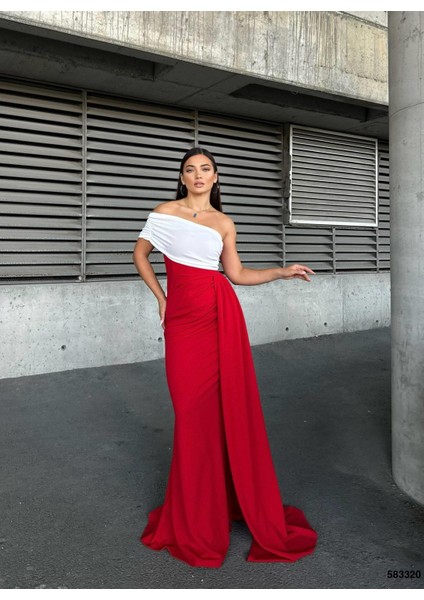 Esnek Krep Kumaş Tek Omuz Aller Detay Garnili Abiye Elbise 583320 Kırmızı