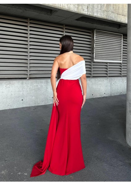 Esnek Krep Kumaş Tek Omuz Aller Detay Garnili Abiye Elbise 583320 Kırmızı modelleri
