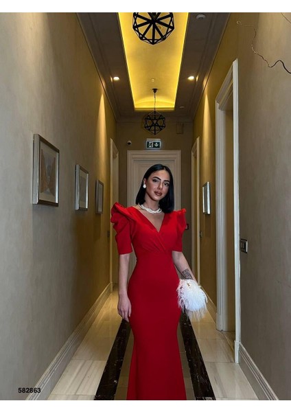 Kruvaze Yaka Balık Scuba Abiye Elbise Kırmızı 582863