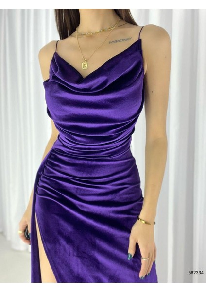 Kadife Esnek Kumaş Drape Öne Pile Detaylı Askılı Abiye Elbise Mor 582334 fiyatları