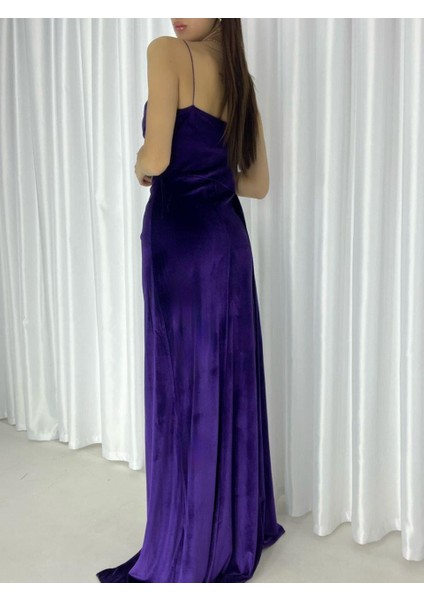 Kadife Esnek Kumaş Drape Öne Pile Detaylı Askılı Abiye Elbise Mor 582334 modelleri